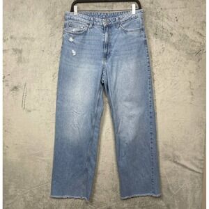 Y2K Grunge Light Wash Distressed Denim Wide Leg‎ Jeans Large Raw Hem Streetwear